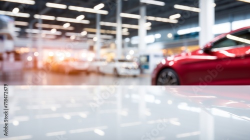 Abstract blurred image of a car dealership interior with a reflective glossy floor. © red_orange_stock