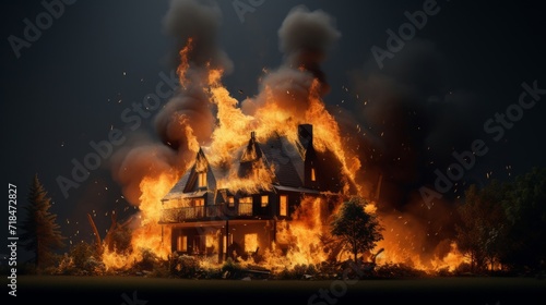 A dramatic scene of a residential house fully engulfed in fierce flames during a devastating nighttime fire.