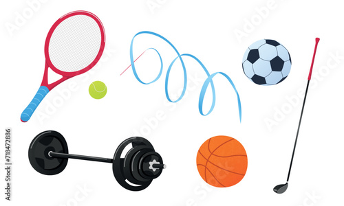 Sport equipment. Vector icons set of sport inventory with balls for basketball, football game and tennis, golf club, ribbon, racket, dumbbell. Fitness gym tools. Team game. Illustration in flat style.