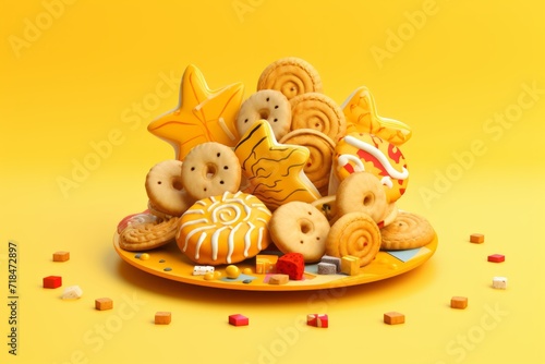 Holiday Cookie Platter with Festive Shapes and Designs, Placed on a Vibrant Yellow Background, Generative AI
