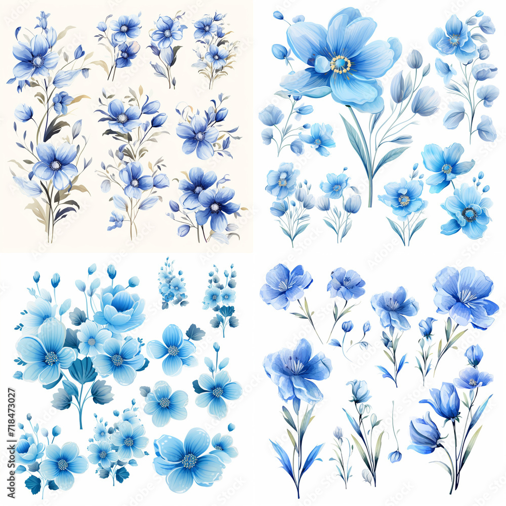 set of blue flowers