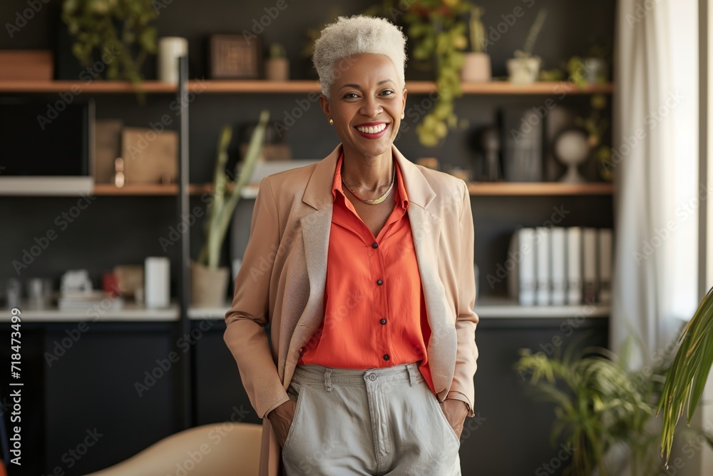 © Adriana - Smiling confident stylish mature middle aged woman standing at home office. Mature businesswoman, gray-haired lady executive business leader manager looking at camera with her ands in her pockets © Adriana - Smiling confident stylish mature middle aged woman standing at home office. Mature businesswoman, gray-haired lady executive business leader manager looking at camera with her ands in her pockets
