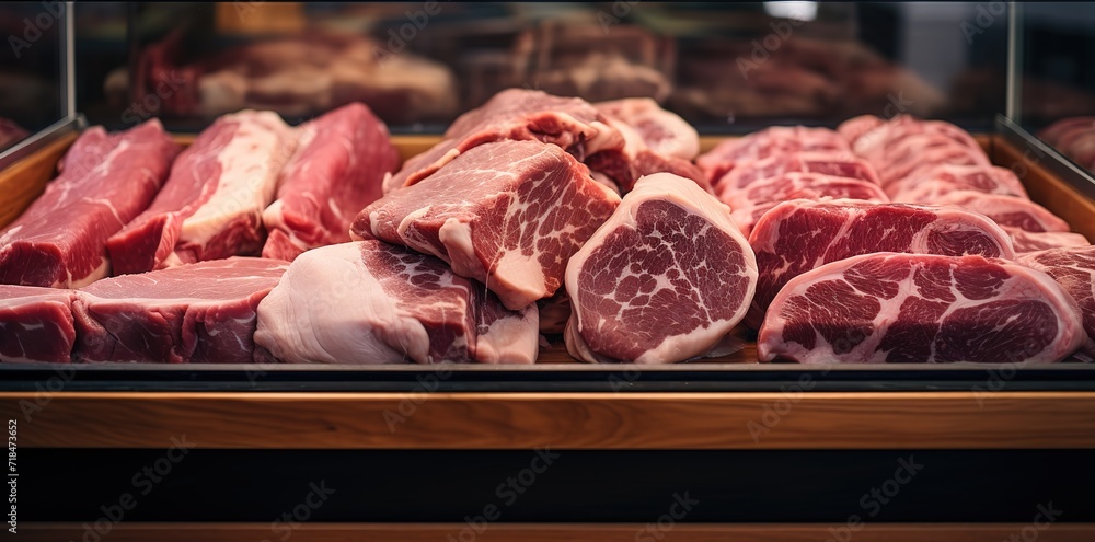 Fresh red meat slices in the supermarket. generative AI