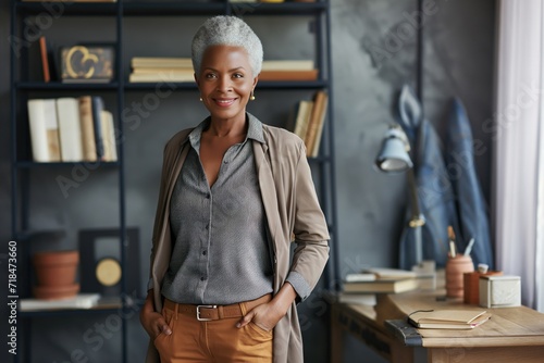 Smiling confident stylish mature middle aged woman standing at home office. Mature businesswoman, gray-haired lady executive business leader manager looking at camera with her ands in her pockets  photo