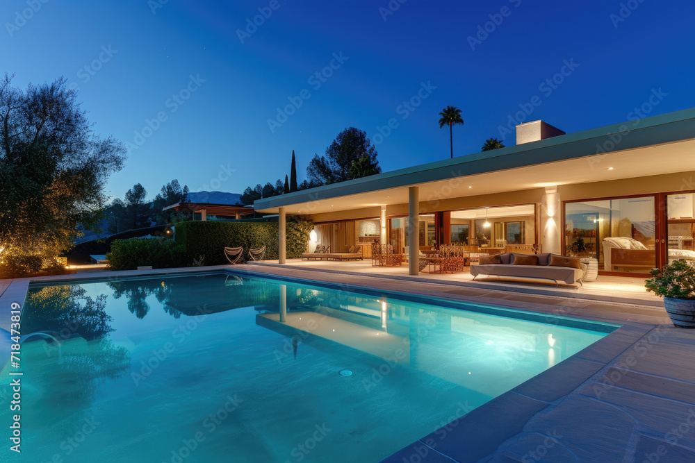 a luxurious house with a large pool at sunset