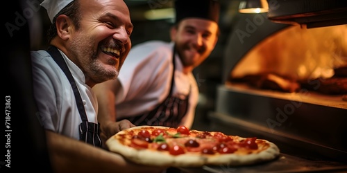 Cheerful chefs baking fresh pizza in brick oven. joyful kitchen team at work. culinary art in a cozy restaurant. AI photo