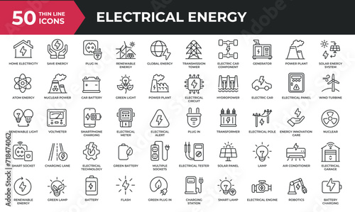 Electrical energy minimal thin line icons. Related electricity, renewable, environmental, power plant. Editable stroke. Vector illustration. photo