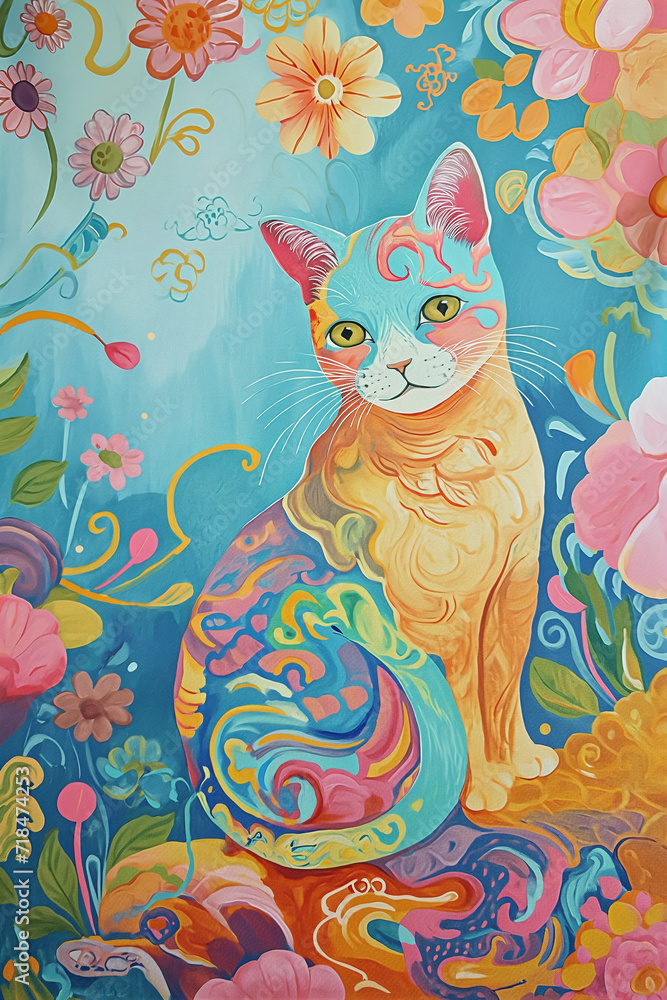 cat surrounded by flowers Depicts cute and adorable cats in a beautiful natural environment. watercolor decorations
