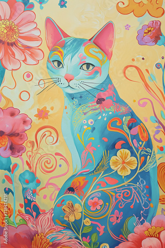 cat surrounded by flowers Depicts cute and adorable cats in a beautiful natural environment. watercolor decorations