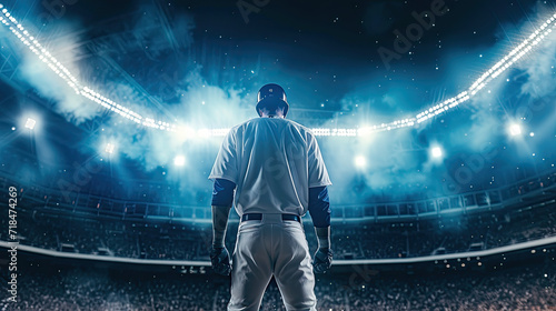 baseball player standing ready in the middle of baseball arena stadium as wide banner with copyspace area