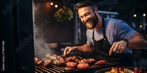 Smiling man enjoying cooking meat on a grill at a nighttime outdoor barbecue. casual summer lifestyle. fun with friends. AI