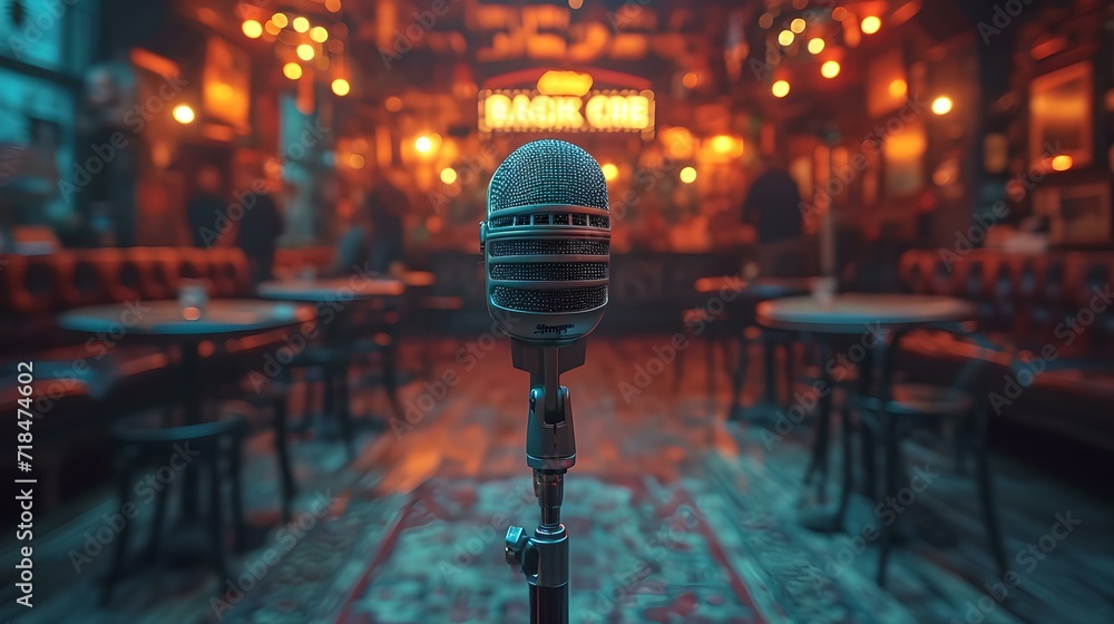 Vintage microphone on stage with blurred cafe background, empty chairs awaiting audience. intimate live music venue ambiance. performance ready scene. AI - obrazy, fototapety, plakaty 