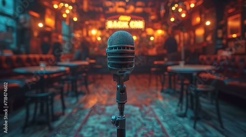 Vintage microphone on stage with blurred cafe background, empty chairs awaiting audience. intimate live music venue ambiance. performance ready scene. AI