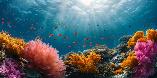 Vibrant underwater seascape with sun rays and colorful coral. marine life ecosystem in panoramic view. ideal for nature backgrounds. AI photo
