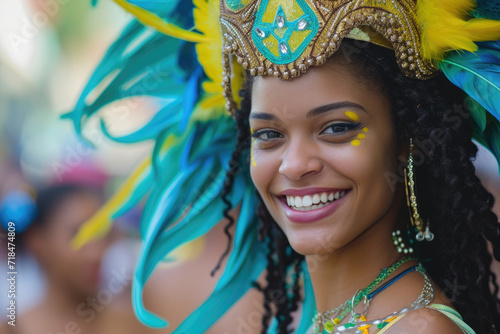 beautiful woman smiling at camera on carnival day samba event