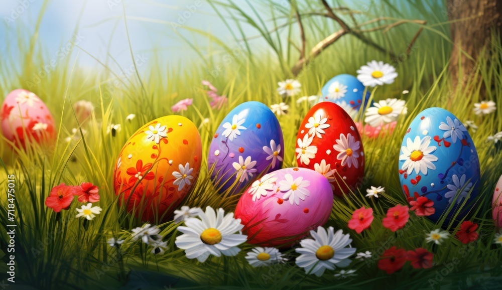 Bright Easter eggs with floral patterns in grass