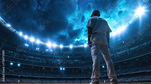 baseball player standing ready in the middle of baseball arena stadium as wide banner with copyspace area