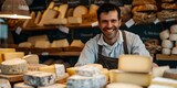 Cheerful artisan cheese shop owner posing with a selection of fine cheeses. casual portrait, gourmet food retail. cheese lovers paradise. AI