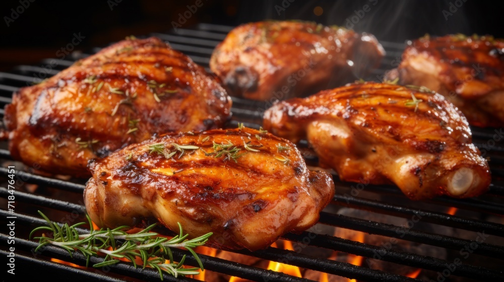 Juicy grilled chicken thighs with herbs on a flaming barbecue grill, capturing the essence of summer grilling. - obrazy, fototapety, plakaty 