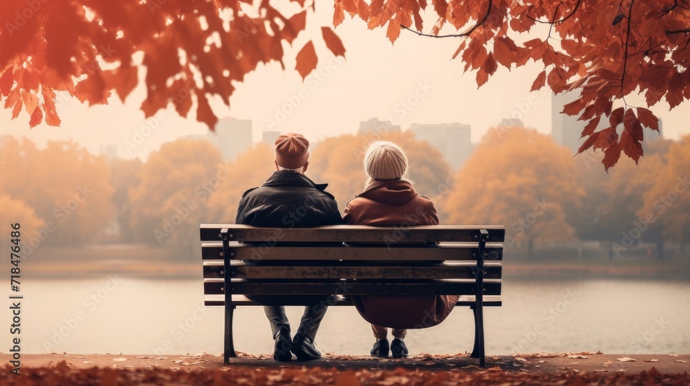Back view of a couple sitting on a park bench, overlooking a lake during the autumn season. Back view of a couple sitting on a park bench, overlooking a lake during the autumn season.
