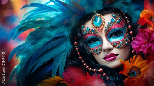 Colorful and exotic carnival mask with bright feathers and sparkling jewels  evoking festive spirit.