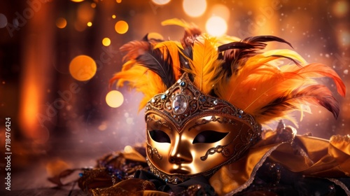 Elegant golden Venetian mask adorned with feathers against a warm bokeh light background.