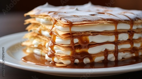 A decadent mille-feuille pastry with creamy filling and a rich caramel topping, served on a white plate. photo