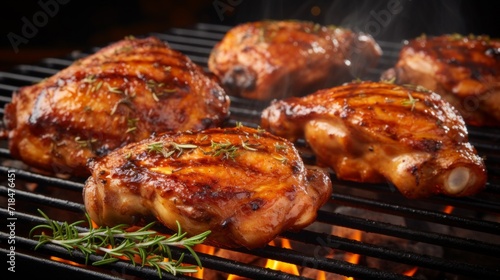 Juicy grilled chicken thighs with herbs on a flaming barbecue grill, capturing the essence of summer grilling. photo