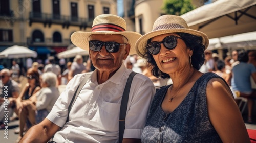 Elderly couple sitting outdoors in straw hats, enjoying a lively street scene together.