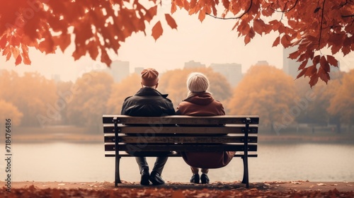 Back view of a couple sitting on a park bench, overlooking a lake during the autumn season.
