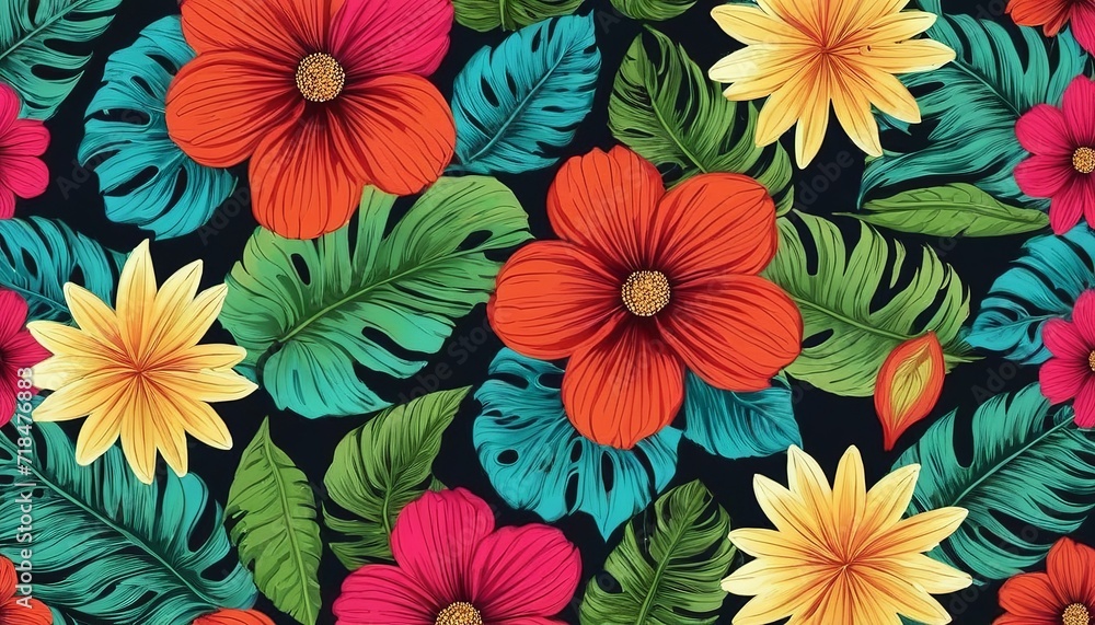 Floral Symphony: Seamless Pattern of Colorful Flowers and Leaves