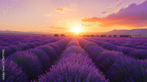 Vast lavender fields with orange and purple sky at sunset