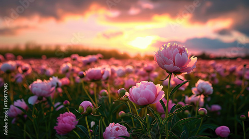 Fototapeta Naklejka Na Ścianę i Meble -  Beautiful view of a field of wild peonies at sunset