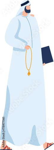 Arab man in traditional clothing holding prayer beads and folder. Middle Eastern businessman in kandura looks ahead. Culture and modern business attire blend vector illustration.