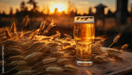 Sunset celebration, drink beer outdoors, nature refreshing golden liquid generative AI