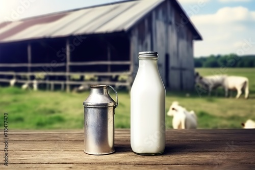 A bottle of milk in the photo on the Background of a cow farm. generative AI