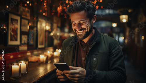 One young man, smiling, holding a smartphone, enjoying the night generative AI