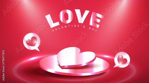 Valentine day background. Stage metal pedestal for Advertising product with Heart bubbles and Spotlight on Pink background. Abstract background. Vector illustration.