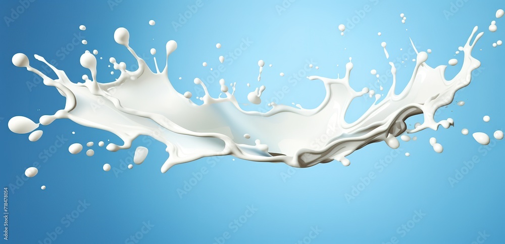 A white milk splash effect in the photo in front of a blue background