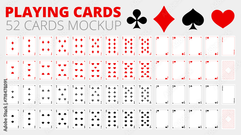 Playing cards mockup. Set of template. Empty blank for your design. Poker kit sample. For game. Vector illustration. - obrazy, fototapety, plakaty 