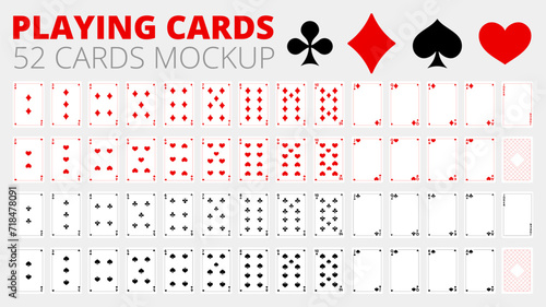 Playing cards mockup. Set of template. Empty blank for your design. Poker kit sample. For game. Vector illustration.