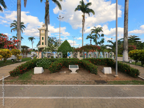 City name sign in the central square of the Peruvian town of Puerto Maldonado
