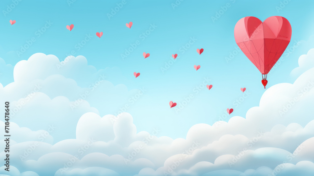 Paper art of heart balloon flying and scattering little heart in the sky