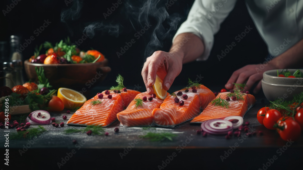 Sea cuisine, Professional cook prepares pieces  red fish, salmon, trout with vegetables.Cooking seafood, healthy vegetarian food  food dark background