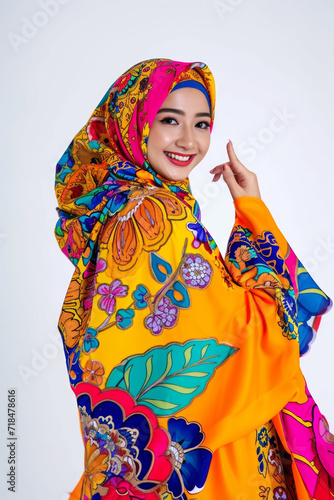 Young Malaysian Asian Muslim woman in abaya hijab clothes holding index finger up with great new idea isolated on white background studio portrait. People uae middle eastern islam religious concept