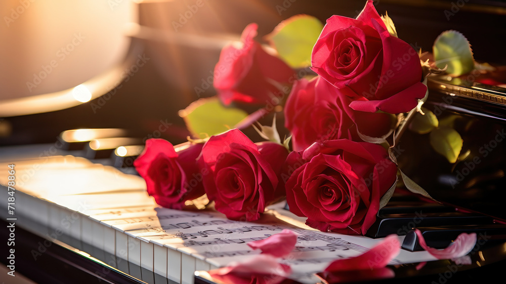 piano sheet music and rose, in the style of magenta and crimson, love and romance piano sheet music and rose, in the style of magenta and crimson, love and romance