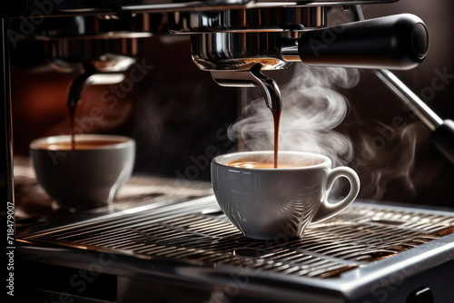 stainless steel coffee machine hums with life as steam billows from its spout