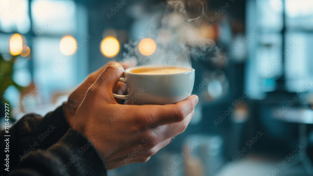 Close-up of hands holding a steaming espresso cup focused on the cup with a blurred background of a rustic cafe Close-up of hands holding a steaming espresso cup focused on the cup with a blurred background of a rustic cafe