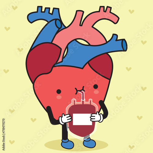 Lindo corazón tomando un jugo. Un lindo personaje de cardiología con fondo amarillo.