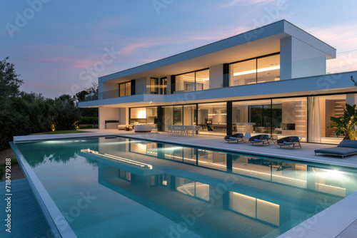a luxurious house with a large pool at sunset